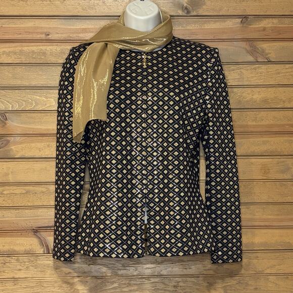 St. John Evening Black Gold Knit Jacket Zip Paillettes Rhinestone W/Scarf Sz 2 - Picture 1 of 15